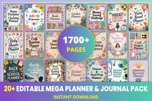 Download 20+Editable Mega Planner &amp; Journal Pack - Premium Bundle